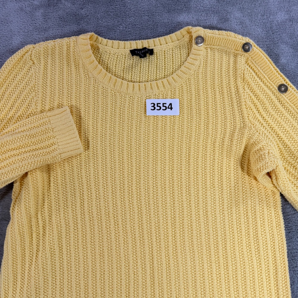 Talbots Sweater Womens XS Yellow Button‎ Shoulder Crewneck Shaker Knit Cotton